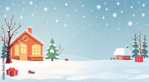 Cozy Christmas cottage with snowy landscape and gift boxes.