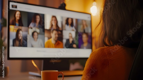 An employee participating in a virtual meeting, and a coffee cup beside 
