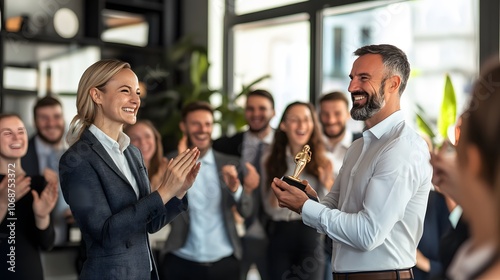 A manager presenting an award to an employee in front of a cheering team photo