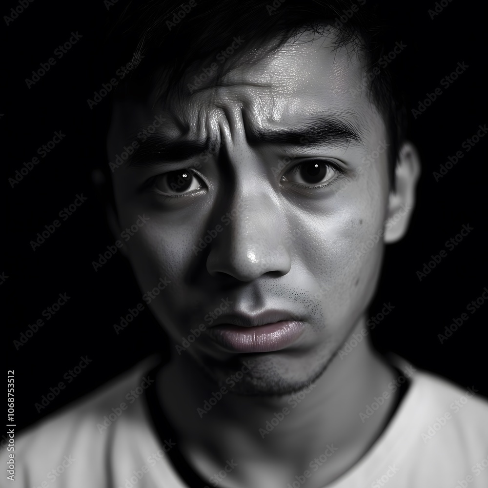 Sad crying worried asian male close-up portrait black and White Sad crying worried asian male close-up portrait black and White