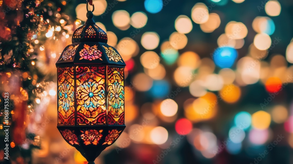 Colorful Lantern with Bokeh Background at Night Colorful Lantern with Bokeh Background at Night