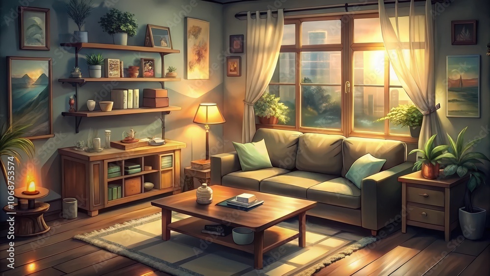Obraz premium A cozy living room with a couch, coffee table, and warm lighting