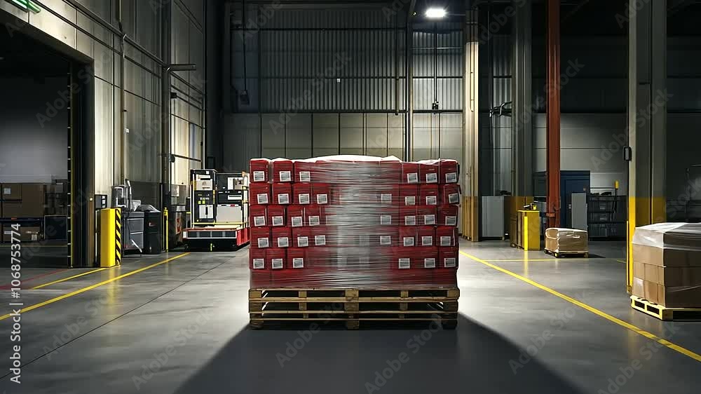 The glint of shrink-wrap reflects off a pallet of food packages, perfectly stacked and prepared for shipping amidst the busy operations of a warehouse.