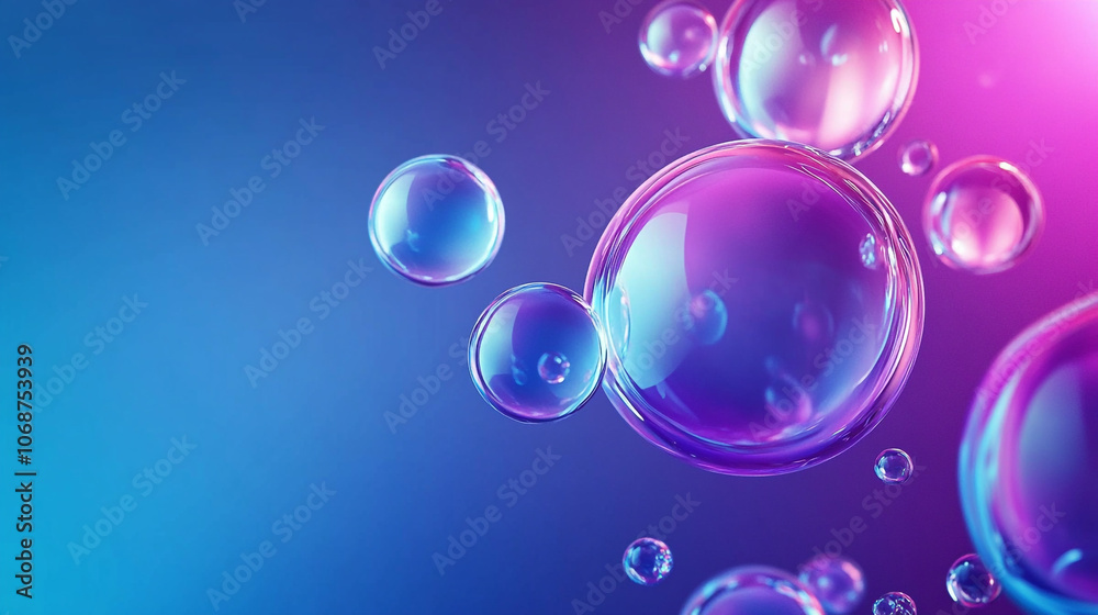 Colorful soap bubbles floating softly against a vibrant blue and purple background Colorful soap bubbles floating softly against a vibrant blue and purple background