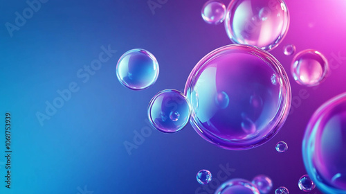 Colorful soap bubbles floating softly against a vibrant blue and purple background