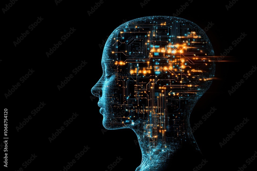 Silhouette of a human head filled with glowing AI circuits and gears Silhouette of a human head filled with glowing AI circuits and gears