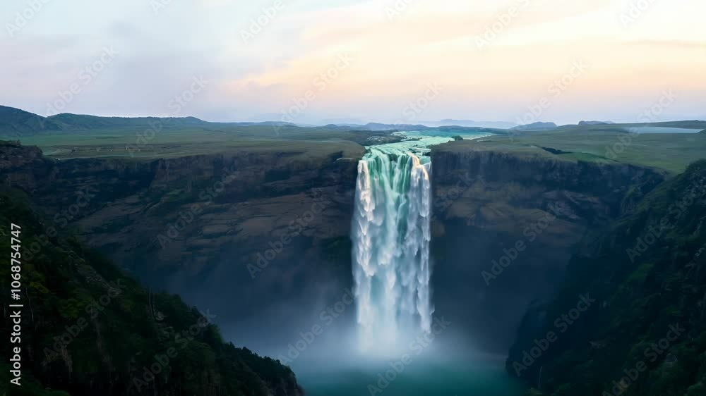 Aerial descent revealing a hidden valley, waterfall, and pristine lake at misty dawn Aerial descent revealing a hidden valley, waterfall, and pristine lake at misty dawn
