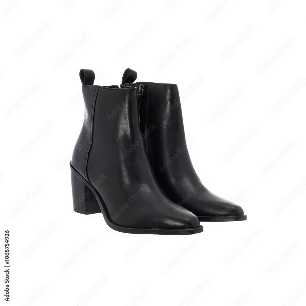 Black Women's Leather Semi Deep High Heel Boots isolated on white background Black Women's Leather Semi Deep High Heel Boots isolated on white background