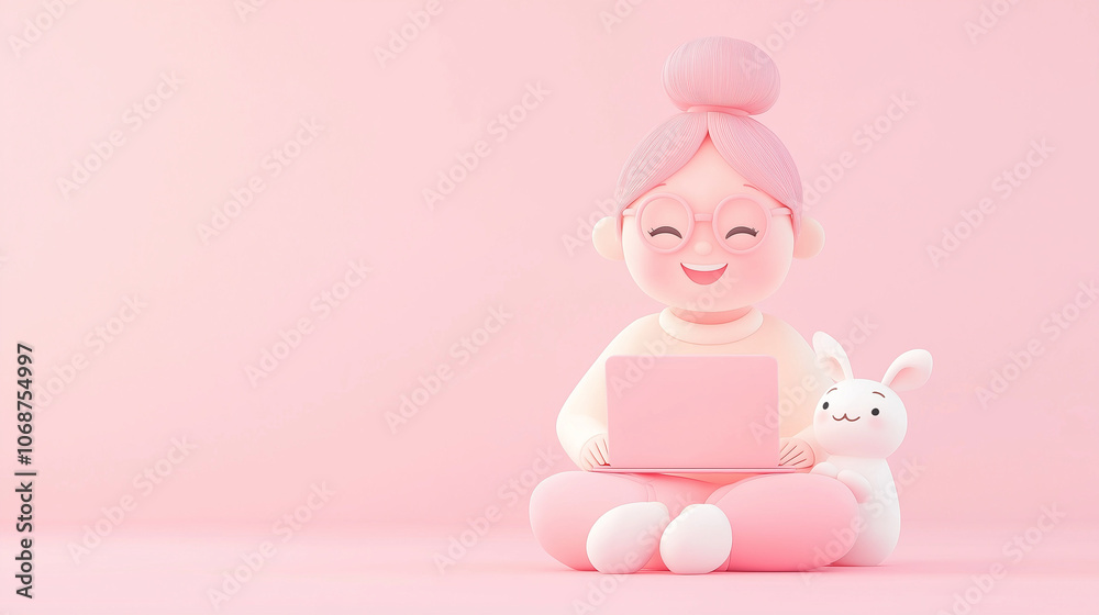 Cute Character with Laptop and Bunny in Pink Minimalist Setting