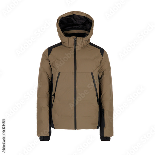 Brown and black winter ski jacket isolated on white background photo