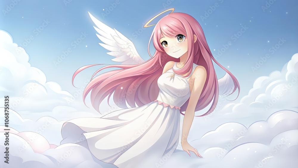 Anime Angel with Pink Hair and White Dress Sitting on Clouds Anime Angel with Pink Hair and White Dress Sitting on Clouds
