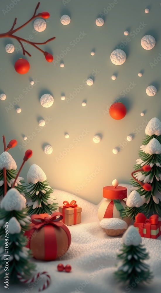 Snow-covered pine trees with a gift, a candy cane, and red ornaments around a snowman in a snowy forest. Snow-covered pine trees with a gift, a candy cane, and red ornaments around a snowman in a snowy forest.