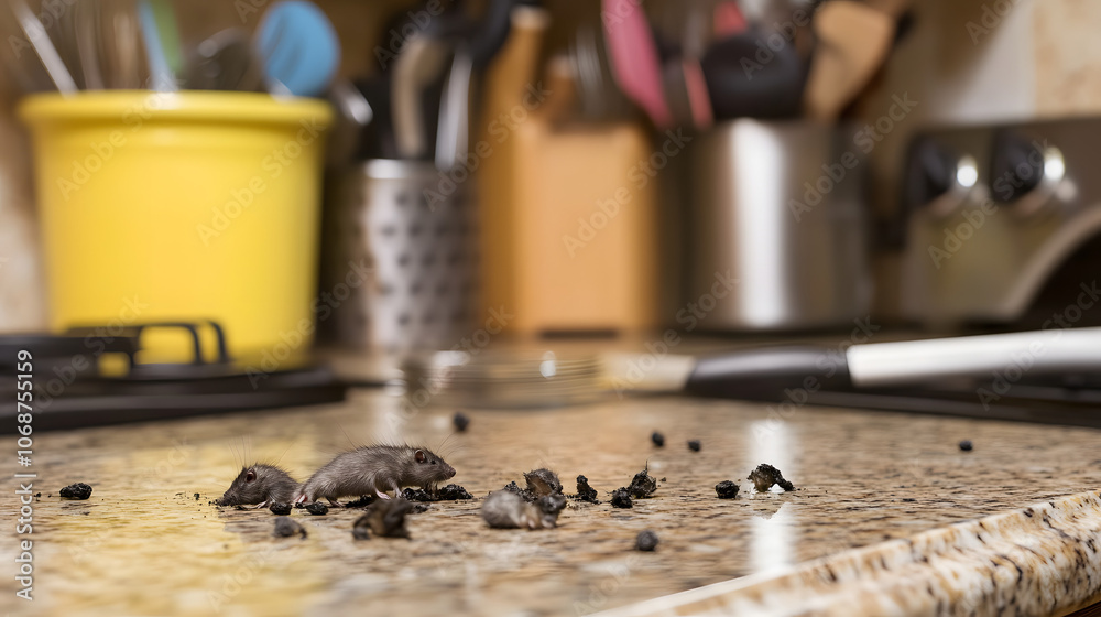 Close-Up of Rat Droppings on a Kitchen Counter with Shallow Depth of Field, Highlighting Health Risks, Hygiene Concerns, and the Importance of Pest Control in Food Preparation Areas
Close-Up of Rat Droppings on a Kitchen Counter with Shallow Depth of Field, Highlighting Health Risks, Hygiene Concerns, and the Importance of Pest Control in Food Preparation Areas