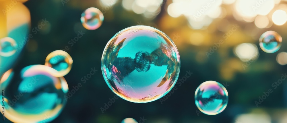 Naklejka premium Colorful soap bubbles float in the air against a soft, blurred natural background, capturing light and reflections in a playful manner.