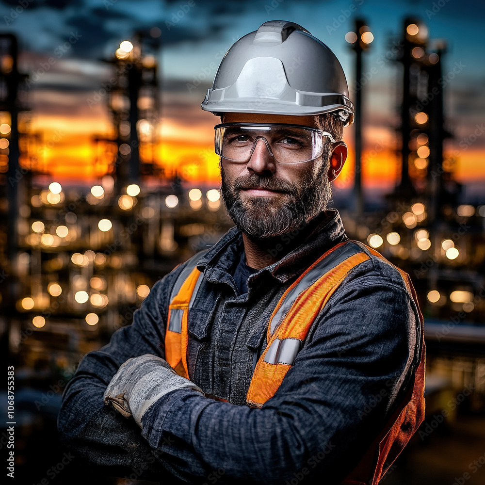 confident engineer in hard hat and protective glasses stands against vibrant sunset backdrop, showcasing industrial environment. His expression reflects determination and professionalism confident engineer in hard hat and protective glasses stands against vibrant sunset backdrop, showcasing industrial environment. His expression reflects determination and professionalism