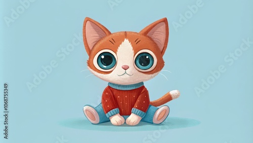 Cute Cartoon Cat Wearing a Red Sweater and Blue Pants