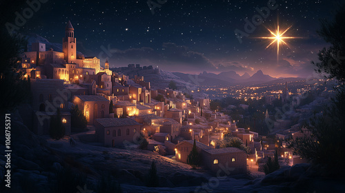 Star shining over Bethlehem village at night during Christmas
