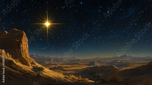 Bright Christmas star shining over desert under starlit sky