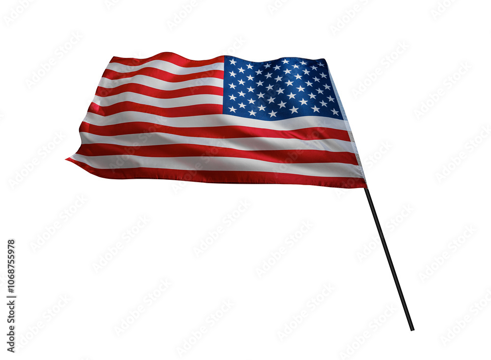 Flag of the United States of America. The US flag flutters in the wind. Isolated on a white background.