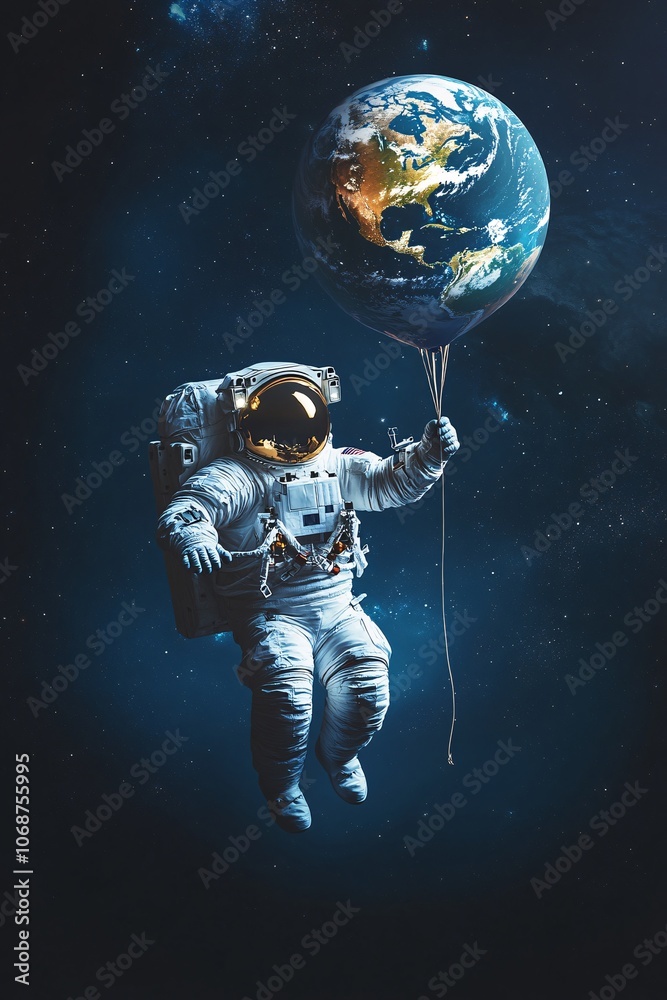 A poster of an astronaut floating in space holding a balloon shaped like Earth A poster of an astronaut floating in space holding a balloon shaped like Earth