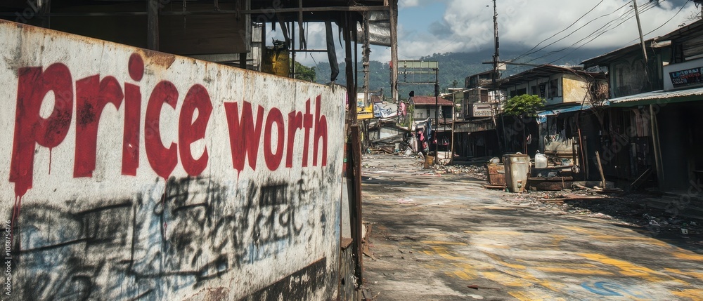 Obraz premium A weathered street scene featuring a sign that reads