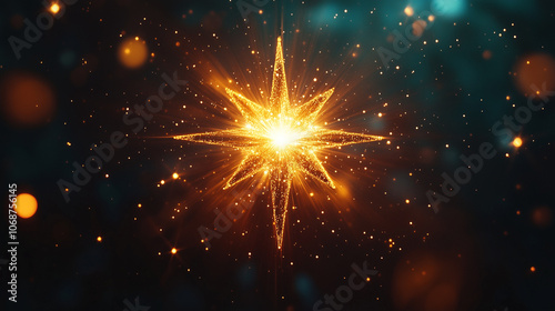 Glowing golden Christmas star with sparkles on dark background