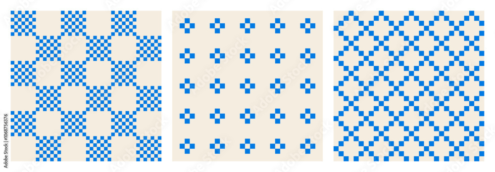 Set of abstract pixel blue patterns of chessboard, crosses and rhombuses on light background, flat style