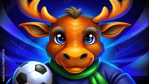 A Cartoon Moose Holding a Soccer Ball with a Blue and Orange Background photo