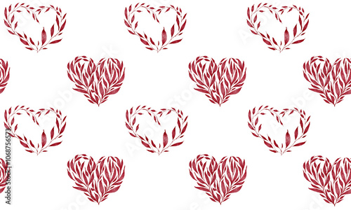 Romantic seamless watercolor pattern featuring delicate red hearts formed from leaves, on white background, perfect for love-themed designs. photo