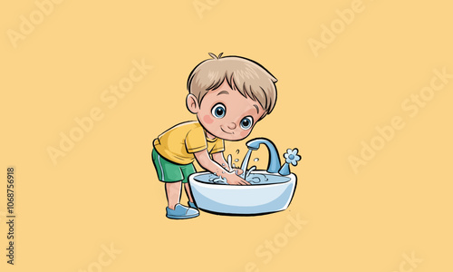 Happy child washing hands at sink with water splashes