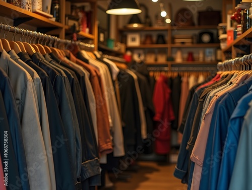 Vintage clothing store with jackets and fashion items displayed in a charming boutique