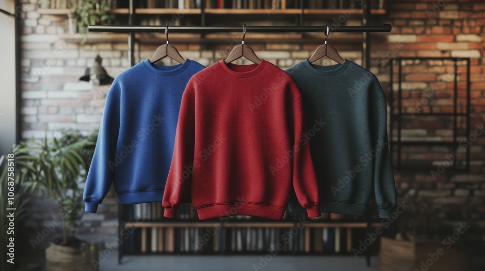 Three vibrant sweatshirts hanging in a cozy, modern space. Three vibrant sweatshirts hanging in a cozy, modern space.