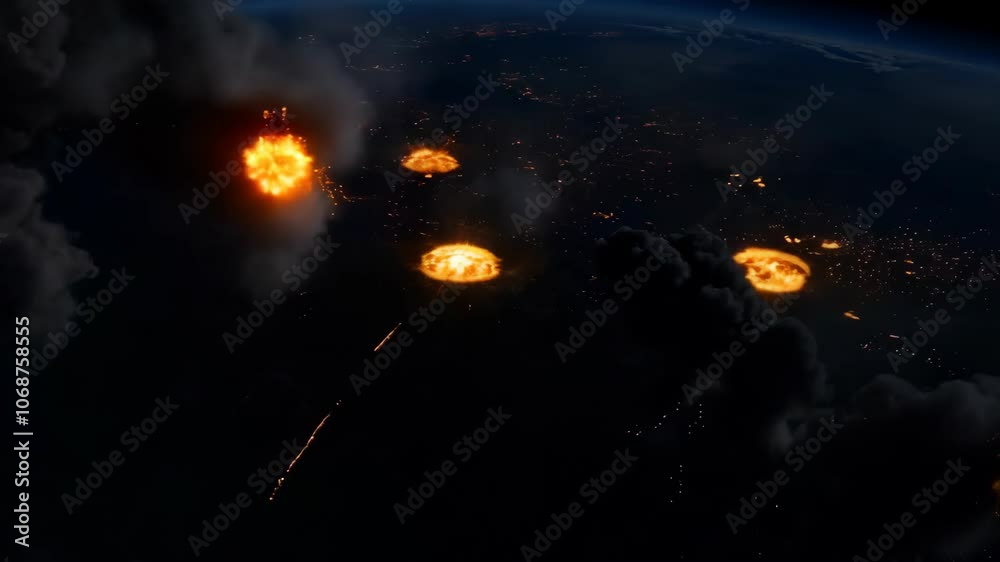 Multiple explosions and fireballs viewed from space over Earth's surface with dramatic smoke clouds, showing global catastrophe scenario.
