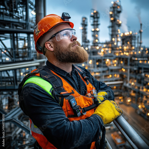 safety conscious engineer monitors air quality at industrial site, showcasing dedication and professionalism. scene captures essence of safety in complex environment photo