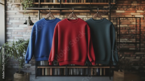 Three vibrant sweatshirts hanging in a cozy, modern space.