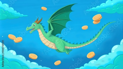 A Cartoon Green Dragon Flying Through the Sky with Golden Coins