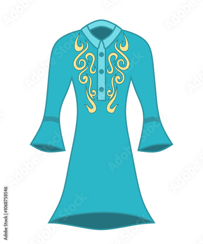 Vector illustration design of blue kurta women's clothing with elegant embroidery, suitable for traditional occasions or casual wear. Showing the fusion of cultural aesthetics and modern fashion.