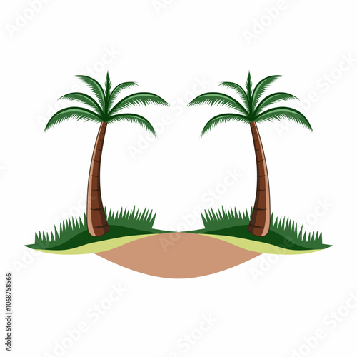 Vector illustration design depicting two palm trees beside a sandy path, surrounded by lush green grass. Ideal for tropical or vacation themes, evoking feelings of relaxation and serenity.