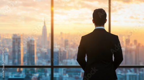 A businessman gazes at a vibrant skyline and sunset, embodying ambition and reflection in an urban environment.