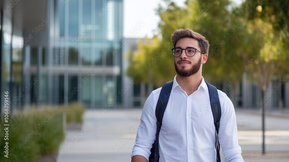 Obraz premium young man with glasses walks confidently through modern campus, showcasing blend of style and professionalism. greenery and architecture create vibrant atmosphere.
