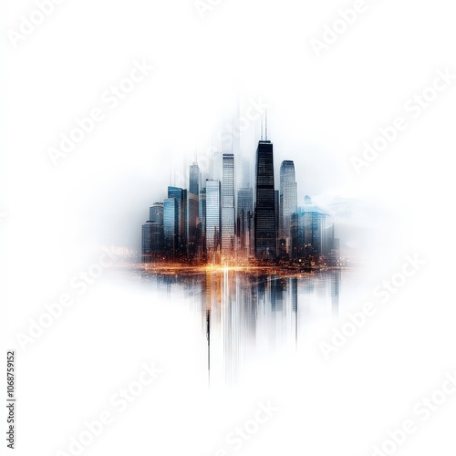 A city skyline with a reflection of the buildings in the water