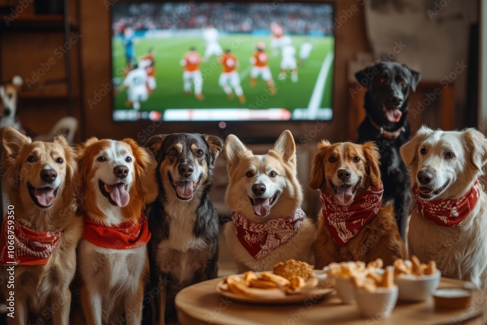 Group of dogs wearing sports scarves watching football on TV, with snacks, in a lively, fan-spirited indoor scene.