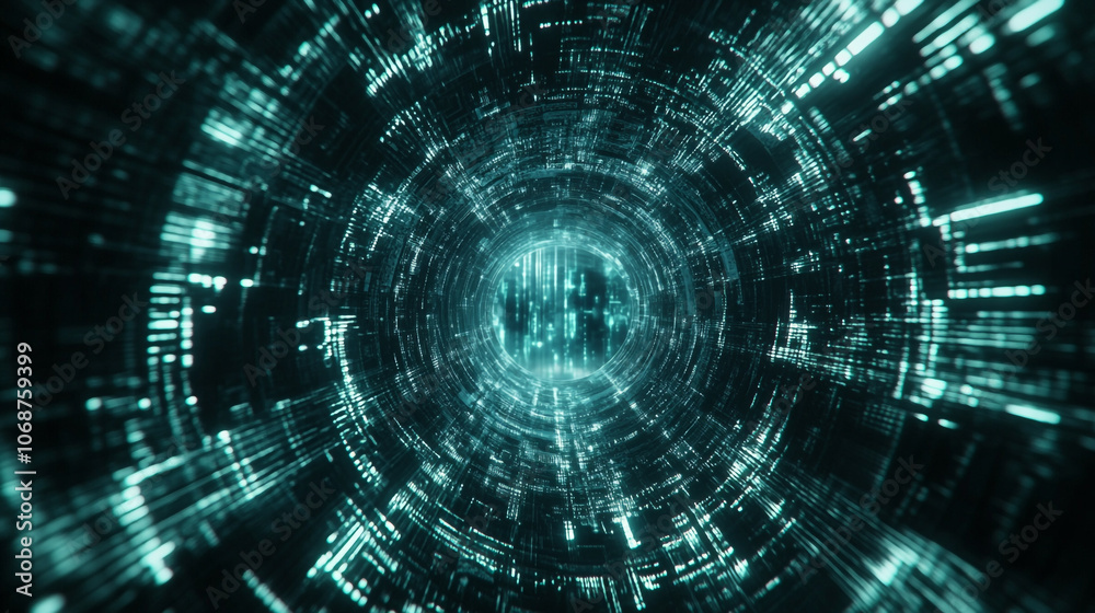 A digital tunnel of colorful data streams flowing in a futuristic technology environment