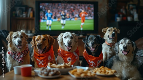 Group of dogs wearing sports scarves watching football on TV, with snacks, in a lively, fan-spirited indoor scene.


