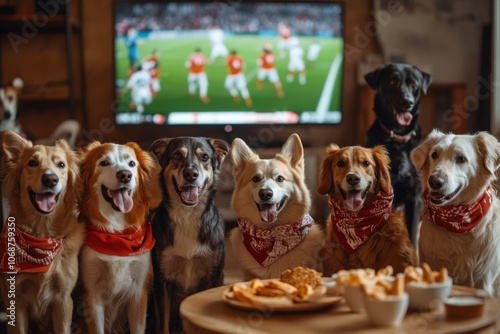 Obraz na płótnie Group of dogs wearing sports scarves watching football on TV, with snacks, in a lively, fan-spirited indoor scene.
w salonie