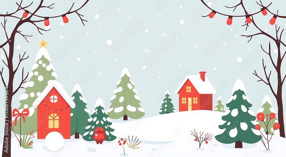 A snowy winter scene with a red house, snow-covered trees, and twinkling lights. A snowy winter scene with a red house, snow-covered trees, and twinkling lights.