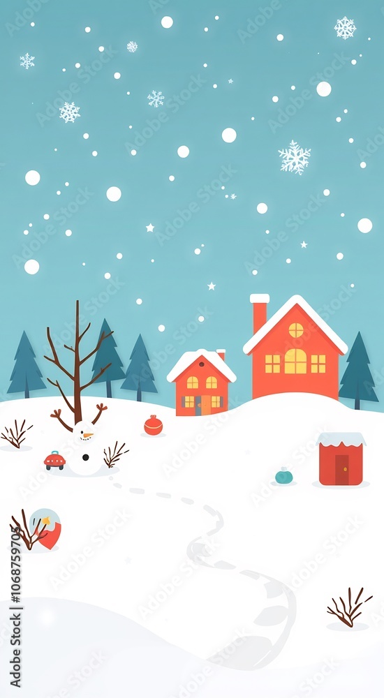 A snowman stands in front of a snowy landscape with two houses, a red car, and a winding path.