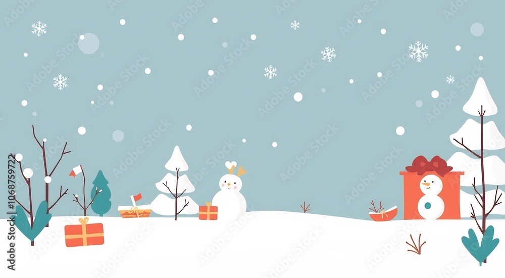 Two snowmen in a winter wonderland with gifts and snow falling. Two snowmen in a winter wonderland with gifts and snow falling.