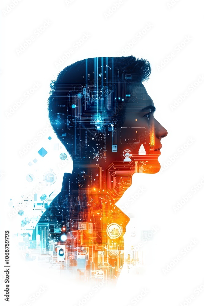 A man's face is shown in a futuristic style, with a cityscape in the background A man's face is shown in a futuristic style, with a cityscape in the background