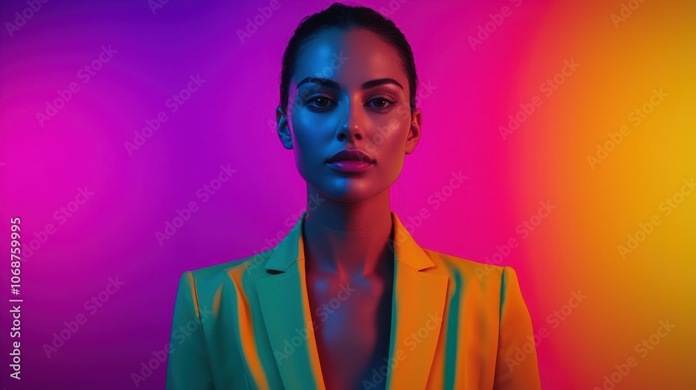 A confident individual stands before vibrant purple and orange backgrounds, showcasing a striking yellow outfit and a bold expression. A confident individual stands before vibrant purple and orange backgrounds, showcasing a striking yellow outfit and a bold expression.